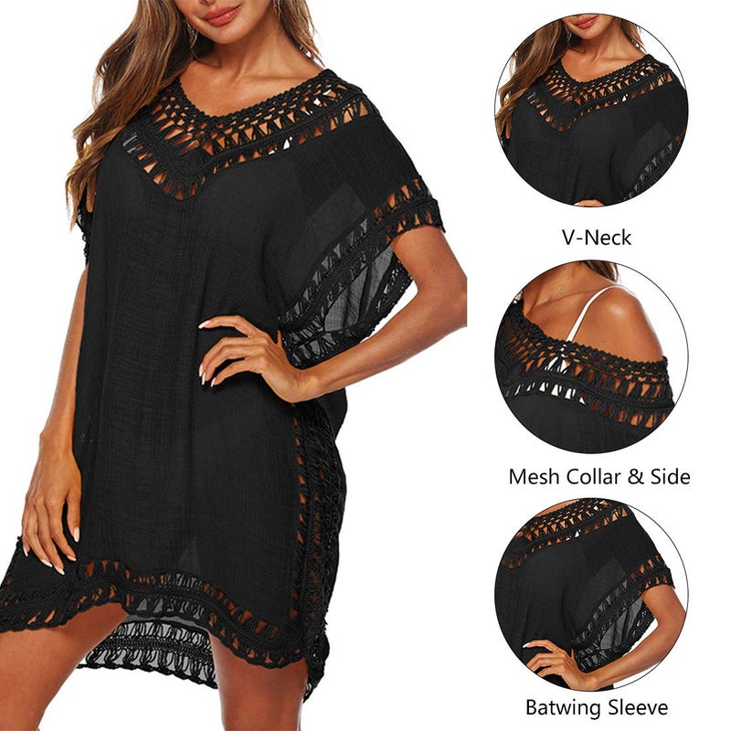 Adisputent Swimsuit Cover Ups for Women Black Chiffon Beach Wear Mesh Tassel Crochet Bathing Suits Coverups Swimwear Dress, Black - Image 4